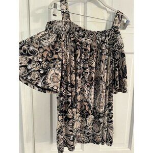 SUSAN GRAVER‎ Top Women’s Sz 2X Liquid Knit Off Shoulder Floral Black Brown Fall